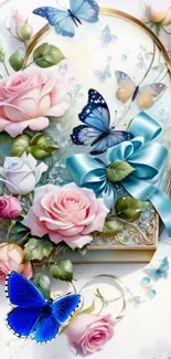 Fantasy wallpaper with roses and butterflies in blue and pink hues.