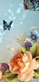 Butterfly and floral art wallpaper with soft colors and glowing effects.