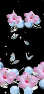 Enchanting pink flowers and blue butterflies on a starlit black backdrop.