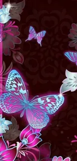 Vivid butterfly and floral wallpaper with maroon background.