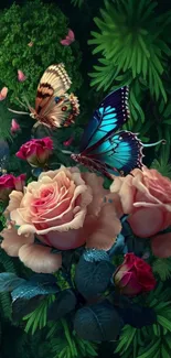 Vibrant wallpaper with roses, butterflies, and green forest foliage.