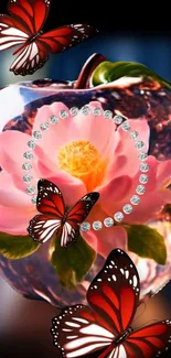 Glass orb with flower and butterflies.