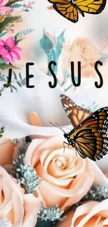 Peach floral and butterfly Jesus-themed wallpaper.