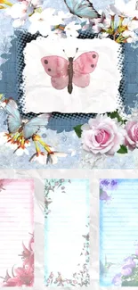 Whimsical floral wallpaper with a butterfly and pastel colors on crumpled paper.