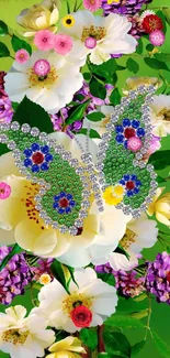 Jeweled butterfly on floral wallpaper with vibrant green background.