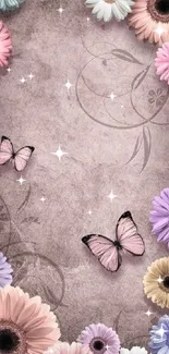 Pastel floral and butterfly wallpaper with textured background.