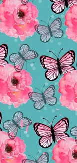 Turquoise background with pink flowers and butterflies pattern.