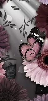 Pink butterfly and pastel flowers on a gray background.