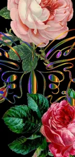 Floral wallpaper with rainbow butterfly on black background.