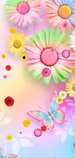 Vibrant mobile wallpaper with pastel flowers and butterflies.