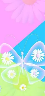 Pastel butterfly with floral daisy design on mobile wallpaper.