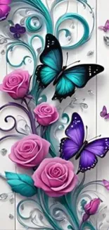 Purple butterflies and pink roses mural.