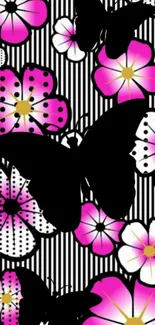 Black butterflies on pink floral striped background wallpaper.