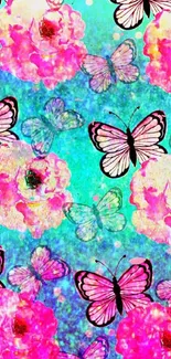 Turquoise wallpaper with butterflies and pink flowers.