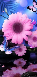 Pink flowers and butterflies on a blue background in a mobile wallpaper.