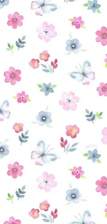 Cheerful floral butterfly wallpaper with pink and blue flowers.