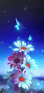 Floral daisies and butterflies in a vibrant night setting.