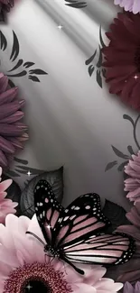 Mauve floral wallpaper with butterfly design.