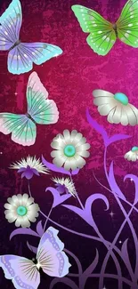 Colorful floral and butterfly wallpaper with a purple background.