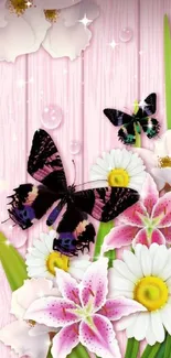 Pink floral wallpaper with butterflies and blooms.