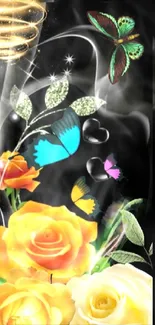 Vibrant flower and butterfly wallpaper with a black background.