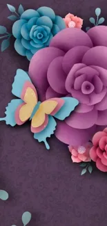 Colorful floral and butterfly wallpaper in purple tones.