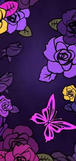 Colorful floral wallpaper with butterflies and purple roses.