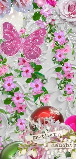 Pink butterfly and floral theme mobile wallpaper design.