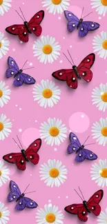 Pink wallpaper with butterflies and daisies for mobile.