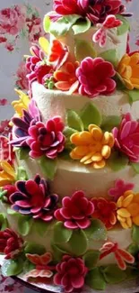 Vibrant floral cake with colorful flowers.