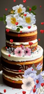 Three-tier naked cake with floral decoration on a white plate.