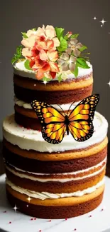 Floral cake with an orange butterfly on top.