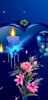 Blue floral wallpaper with candles and pink flowers.