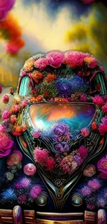 Vintage car with vibrant floral decorations in a colorful dreamscape setting.