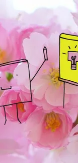 Cartoon drawings over pink flowers wallpaper.