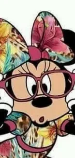 Cartoon character in glasses with floral pattern.