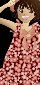 Cartoon girl in floral dress with pink hat.