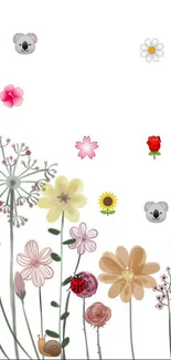 Cartoon floral wallpaper with colorful flowers and animals on a white background.