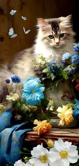 Fluffy cat amidst colorful flowers and butterflies.