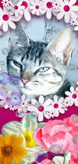 Cat with floral frame and pink flower background wallpaper.