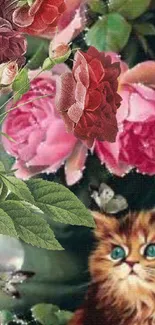 Artistic wallpaper with roses, kitten, and butterflies.