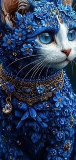 A fantasy art wallpaper featuring a cat adorned in blue flowers.