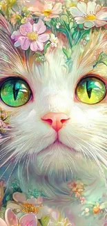 Whimsical cat with floral background art.