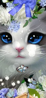 Fantasy cat with blue eyes and floral crown mobile wallpaper.