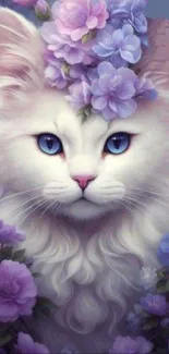 White cat with purple flowers on its head in a mystical wallpaper.