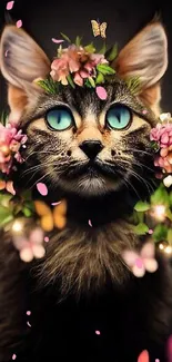 Cat surrounded by flowers and butterflies on dark background.