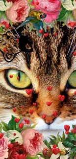 A cat's face with floral and heart design wallpaper.