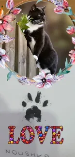 Black and white cat with floral decor.