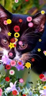 A curious cat with bright flowers in an enchanting mobile wallpaper.