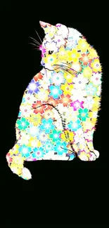 Floral cat with vibrant flowers on black background.